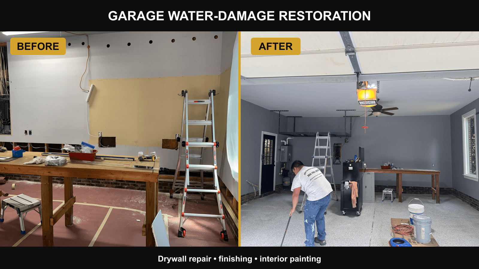 Before and after of a Charlotte garage with water-damaged walls rebuilt, finished and painted